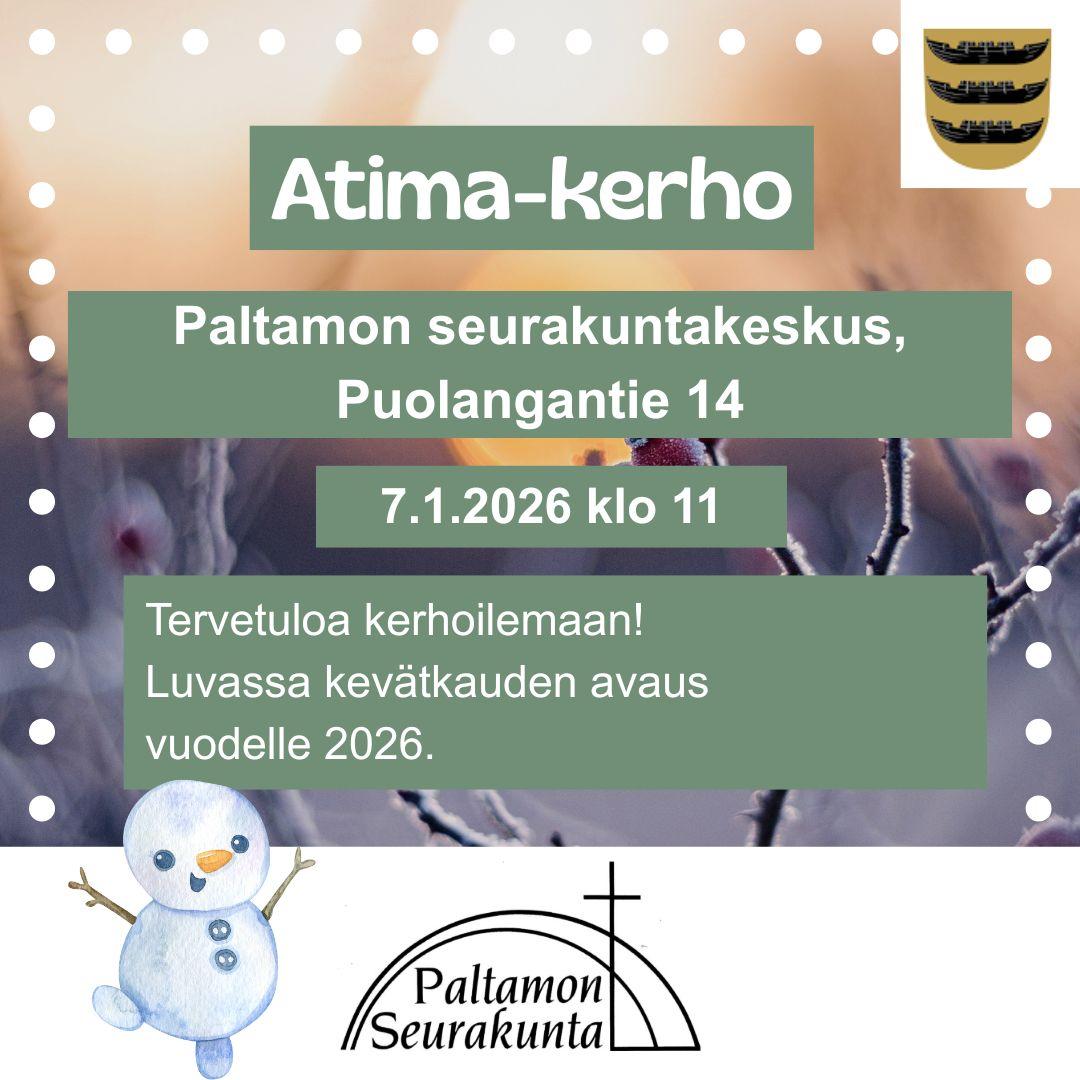 Taustalla huurteinen oksa. Kehyksenä valkoisia palloja. Keskellä vihreällä pohjalla sama teksti kuin kuvateksti sekä alhaalla Paltamon seurakunnan logo. Oikealla yläkulmassa Paltamon vaakuna. Vasemmasssa alakulmassa tanssiva lumiukko.